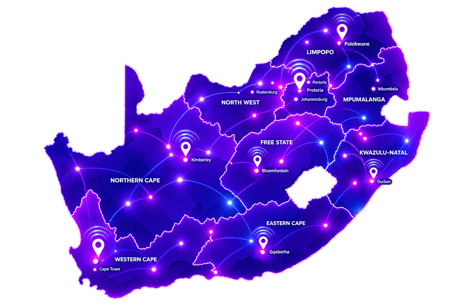 Map of South Africa showing Uncappify network coverage across all provinces